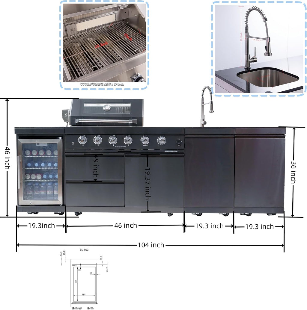 104' Natural Gas Outdoor Kitchen Island - 46-Inch 4-Burner 72,000 BTU Deluxe Stainless Steel Grill Wine Cooler Compact Refrigerator Rotisserie Granite Countertops Stainless steel Sink,Black