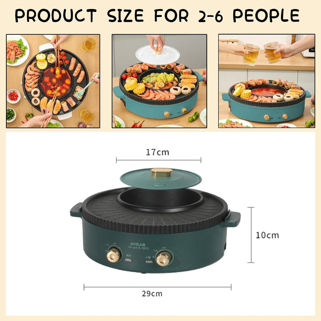 Household Electric Hot Pot with Grill, Teppanyaki Grill Pot and BBQ Pan, Independent Temperature Control, Non-stick Coating, Easy to Clean, For 1-2 People to Enjoy, 1360 W