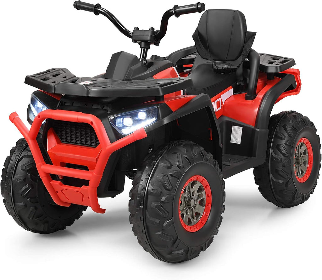 Costzon Kids ATV, 12V Battery Powered Electric Vehicle w/Safety Belt, LED Light, Music, Horn, 2 Speeds, USB/ MP3/TF, Treaded Tires, Ride on Car 4 Wheeler Quad for Boy & Girl Gift, Ride on ATV (Red)