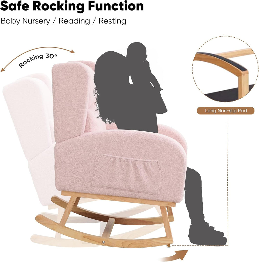 HCHAIRH Nursery Rocking Chair,Wingback Nursery Rocking Chairs,Nursing Glider Rocker Chair with High Back for Living Room Bedroom(Teddy Pink)