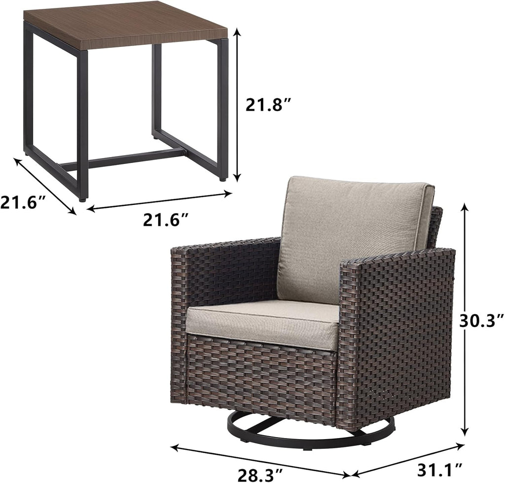 Luxury Outdoor Patio Swivel Rocker Chairs - 3 Piece Wicker Patio Furniture Bistro Swivel Rocking Chairs Set with Comfortable Cushions,Sturdy Metal Frame and Side Table for Porch Deck(Brown/Grey)