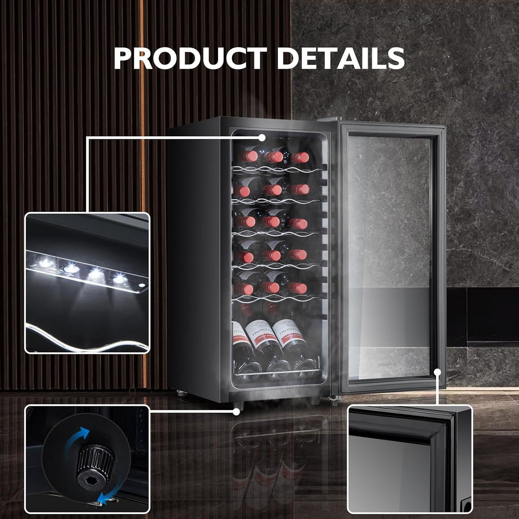 18 Bottle Mini Fridge, Freestanding Small Wine Cooler Refrigerator for Red and White with 40-66F Digital Temperature Control and Glass Door