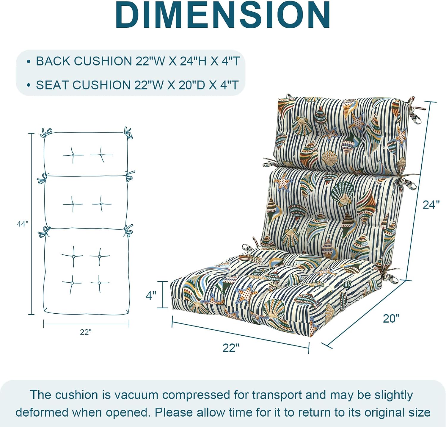 DYTXIII Outdoor High Back Chair Cushions Set of 2, Water Repellent Tufted Rocking Seat Cushions Replacement 44 x 22 Inch, Seat & Back Chair Pads for Patio, Balcony and Indoor Use -Crayon Shells