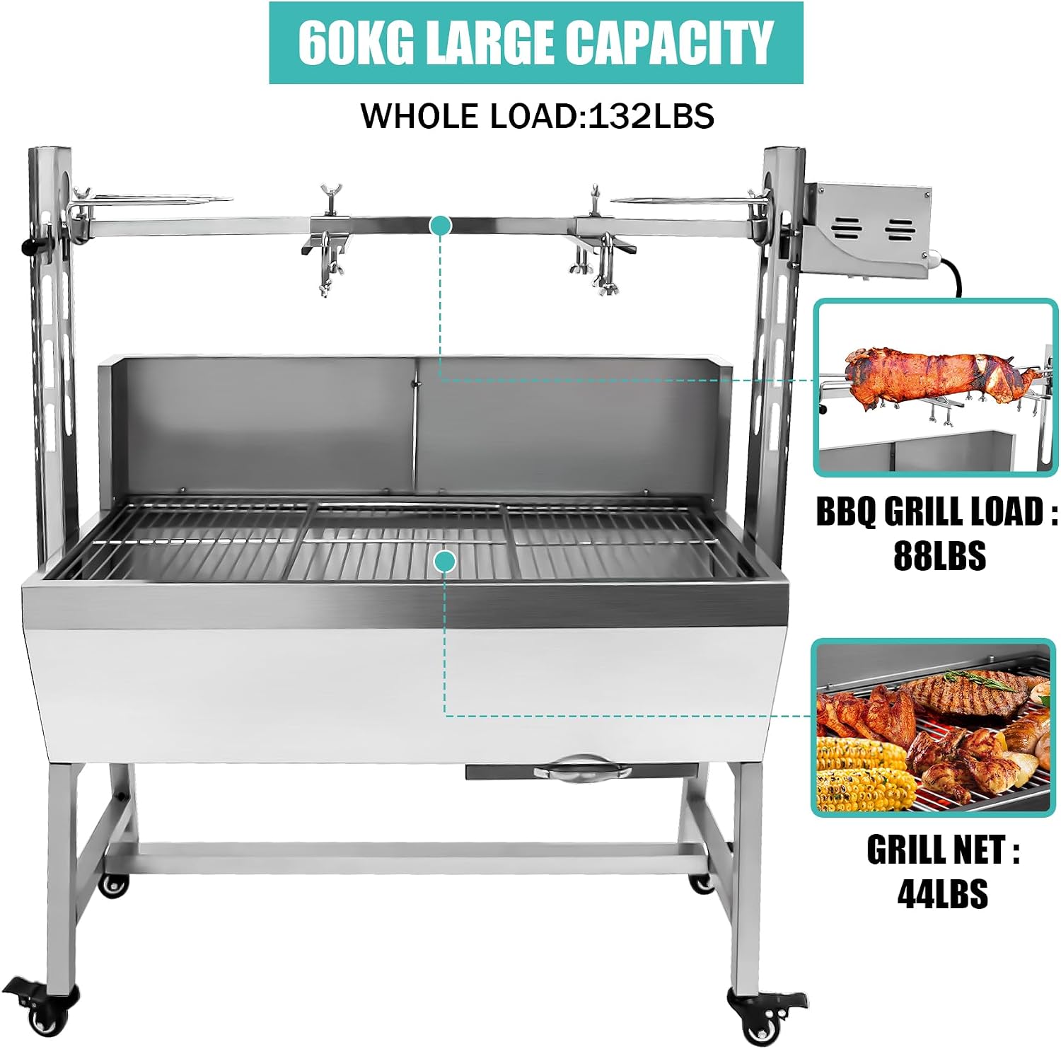 bbq rotisserie grill roaster charcoal roast machine 66lbs charcoal bearing lamb spit roaster hog roasting machine for outdoor picnic camping height-adjustable,with baffle