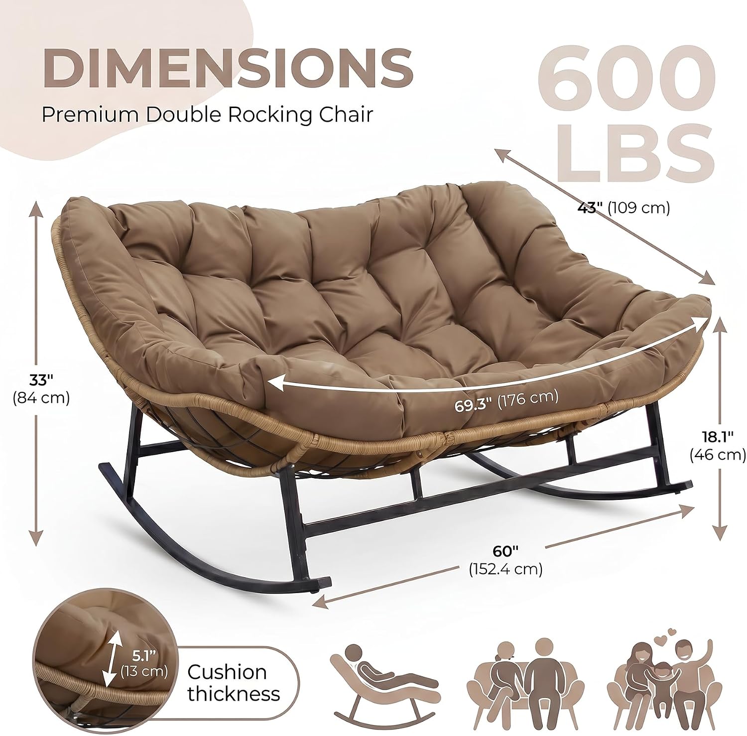 BULEXYARD Double Papasan Rocking Chair Outdoor, 2 Person Oversized Wicker Patio Egg Rocking Chair with Cushion, Heavy Duty Comfy Loveseat for Balcony, Porch, Garden (Brown, 2 Seats w/Ottoman)