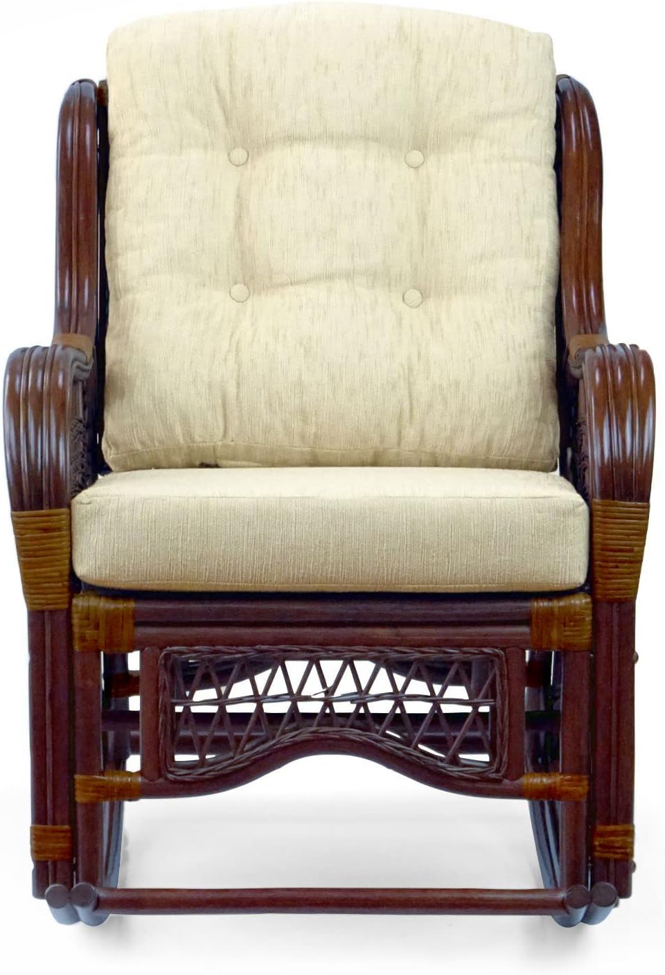 Malibu Lounge Rocking Chair Handmade ECO Natural Wicker Rattan Dark Brown Color with Cream Cushion, Indoor ONLY