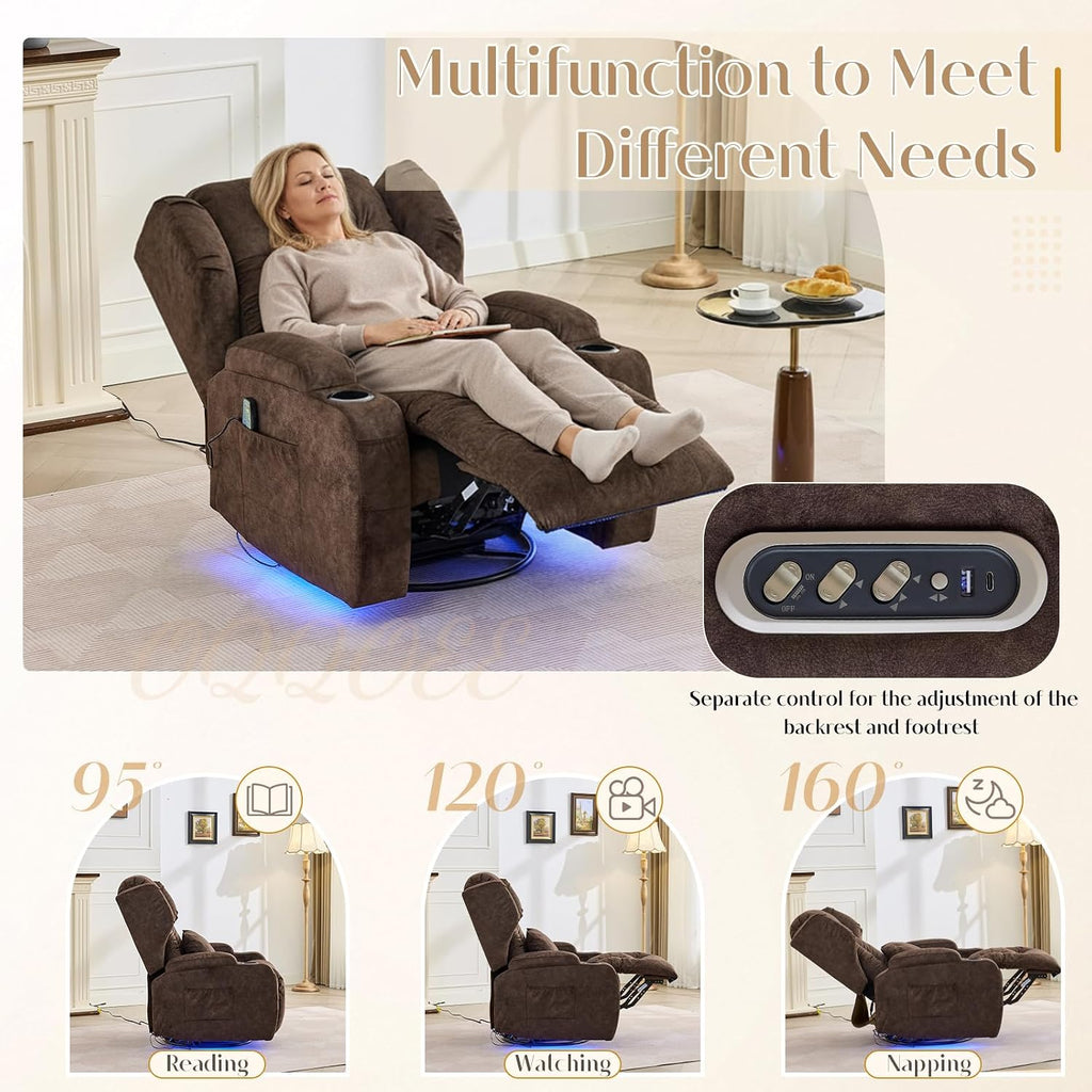 Power Swivel Rocker Recliner Chair with Massage & Heat, Dual Motor Electric Glider Rocking Recliner with USB Ports, Cup Holders & LED Light for Living Room, Home Theater (Brown)