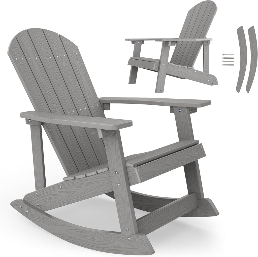 YEFU Outdoor Rocking Chair,Adirondack Rocking Chair,Patio Rocker Chair with Wide Back,Oversized Rocker Chair Look Like Real Wood, for Lawn, Porch, Backyard, Indoor and Garden(Grey)