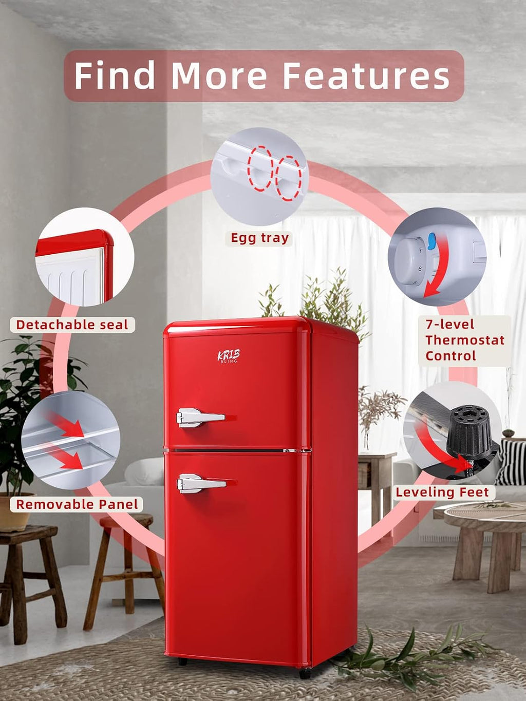KRIB BLING 3.5 Cu.ft Refrigerators with Freezer, Fridge with 7 Level Temp Adjustable Thermostat, Fridge for Apartment, Office, Basement, Red