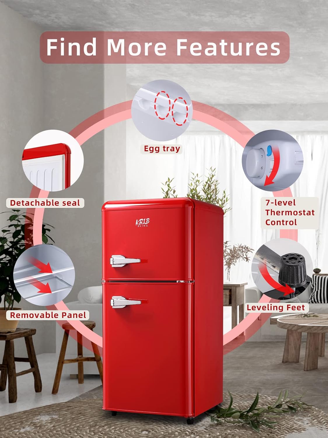 KRIB BLING 3.5 Cu.ft Refrigerators with Freezer, Fridge with 7 Level Temp Adjustable Thermostat, Fridge for Apartment, Office, Basement, Red