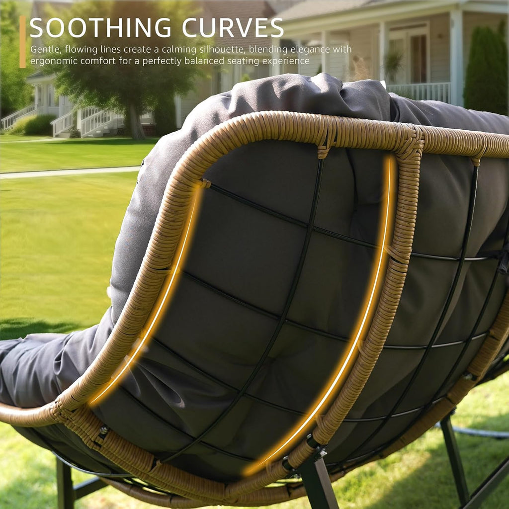 NICESOUL Double Papasan Rocking Chair Outdoor Indoor, XL Large Patio Padded Glider Lounge Chairs for 2, Comfortable Egg Rocker Loveseat with Cushion, Wide Big Recliner for Outside Balcony, Grey