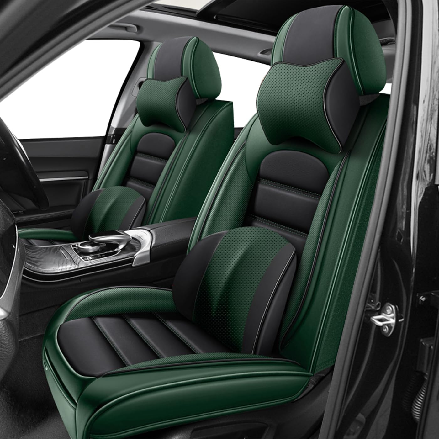 Car Seat Covers for CRV,for Honda CRV 2007-2024 2025,Waterproof Leather Seat Covers,Compatible Airbag,Front Set Comfort Car Seat Protectors for Most Cars(Pillows,Black&Green)