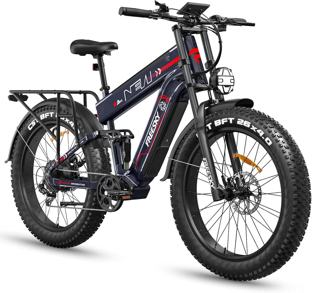 FREESKY Dual Battery Electric Bike for Adults, 48V 45AH 200 Miles Long Range E Bike, 4000W Motor 40MPH+, 26' Fat Tire Fast Mountain EBike, Full Suspension & Hydraulic Brakes, UL 2849 Certified by TÜV