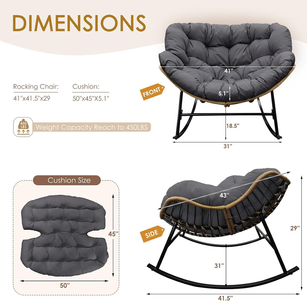 NICESOUL Indoor Outdoor Double Padded Rocking Chair with Cushion, Oversized Patio Papasan Rocker, 450Lbs Capacity Heavy Duty Comfy Egg Glider, 2 Person Wide Cozy Recliner Lounge Chair, Grey