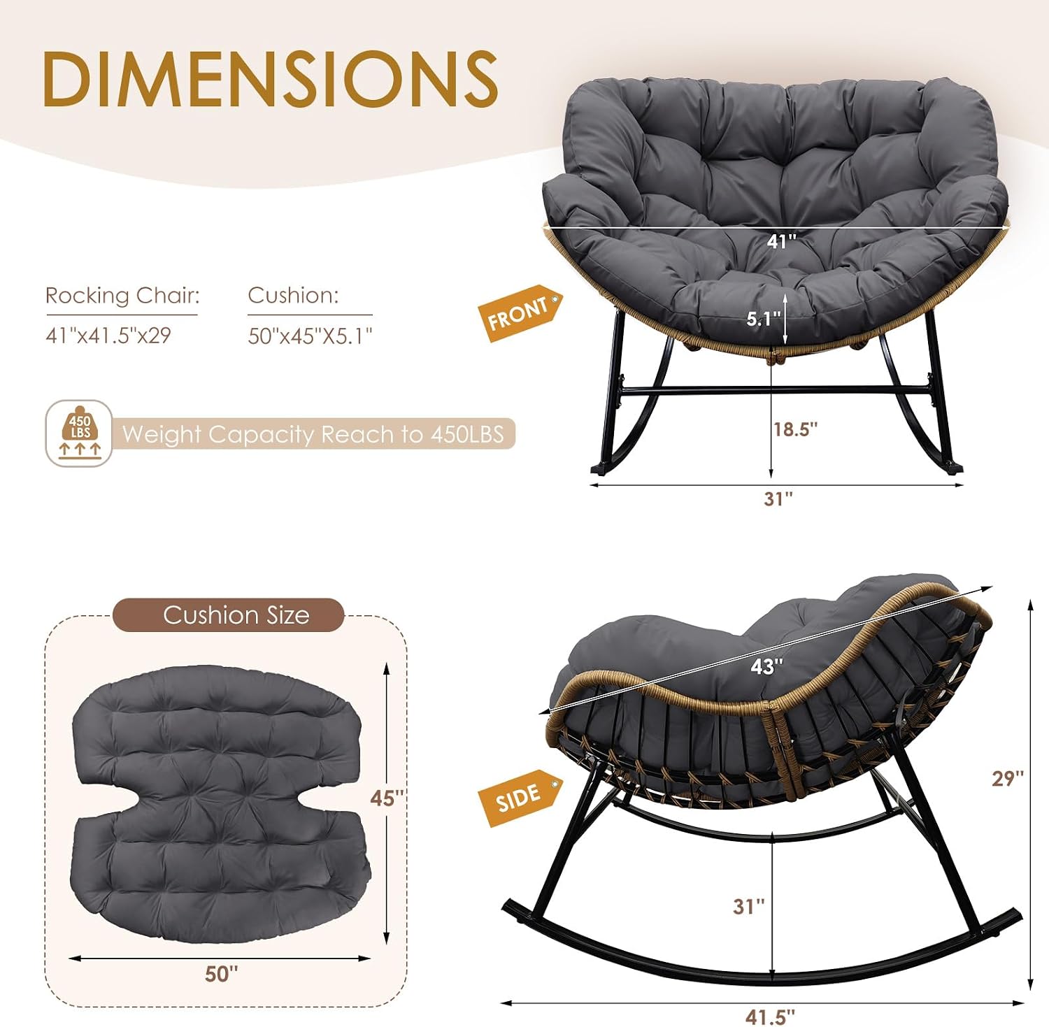 NICESOUL Indoor Outdoor 2-Piece Oversized Papasan Rocking Chair Set, Extra-Large Cushioned Double Royal Rockers, Comfy Loveseat Patio Lounge Chair, All Weather Durable Wicker Egg Glider, Dark Gray