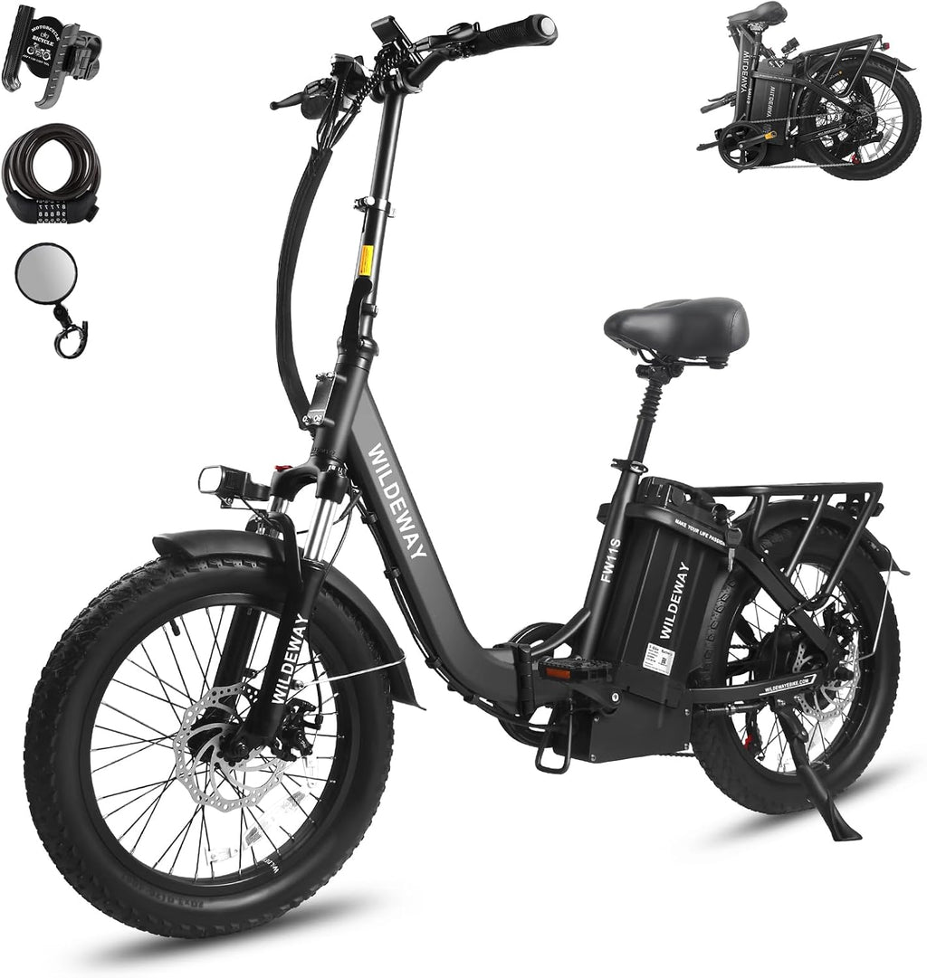 Wildeway Folding Electric Bike for Adults with 32Ah Battery Long Range 750W Motor 28MPH, 20'x 3.0'Fat Tire Foldable EBike, Urban City Commuter Men Women Bicycle 7 Speed Gear