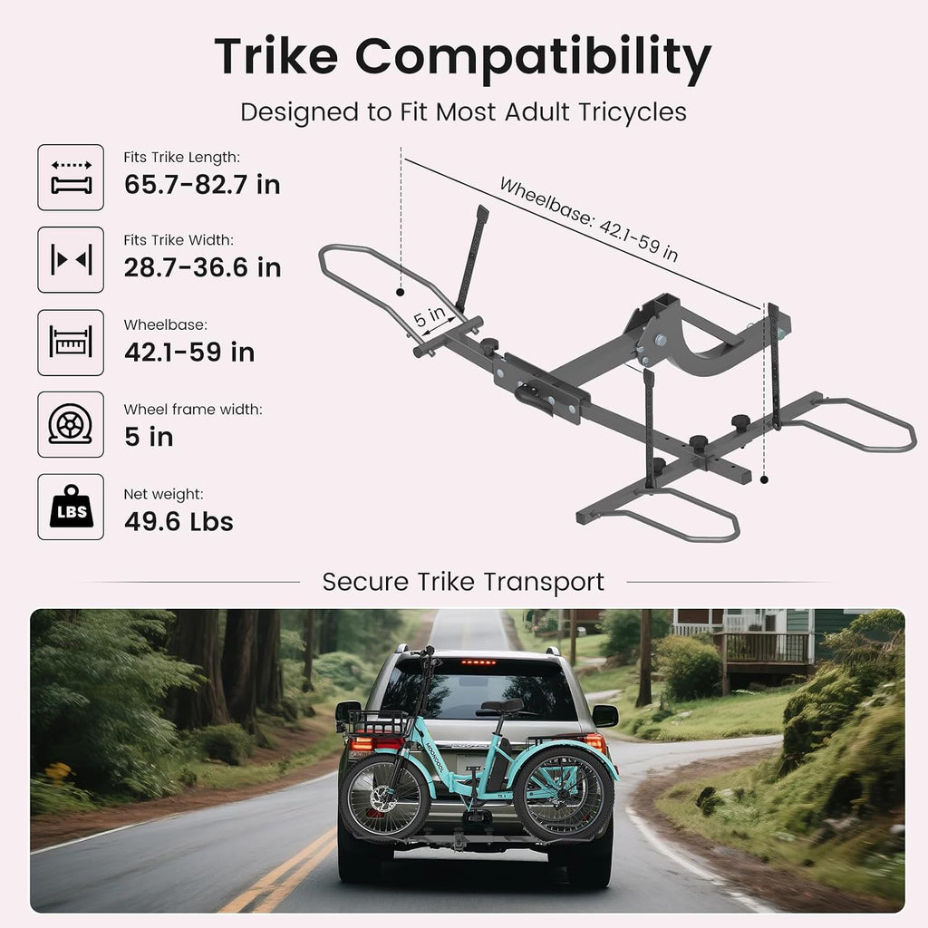 MOPHOTO Heavy-Duty Folding Trike Rack for Adult Tricycles, 170 lbs Hitch Mount Carrier, Fits 5' Fat Tires & 42.1'–59' Wheelbase, Rear Trike Rack with 2' Receiver for Cars, Trucks, SUVs, RVs
