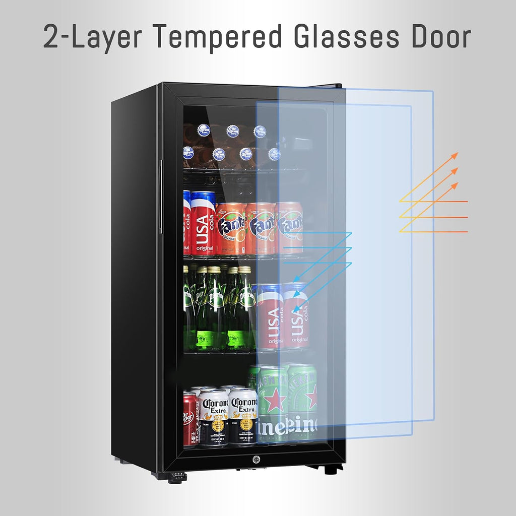 HAILANG Beverage Refrigerator, 3.2 Cu. Ft, Mini Fridge with Glass Door for Soda Beer, Freestanding Beverage Cooler for Office, Bar, Adjustable Shelving&Adjustable Foot