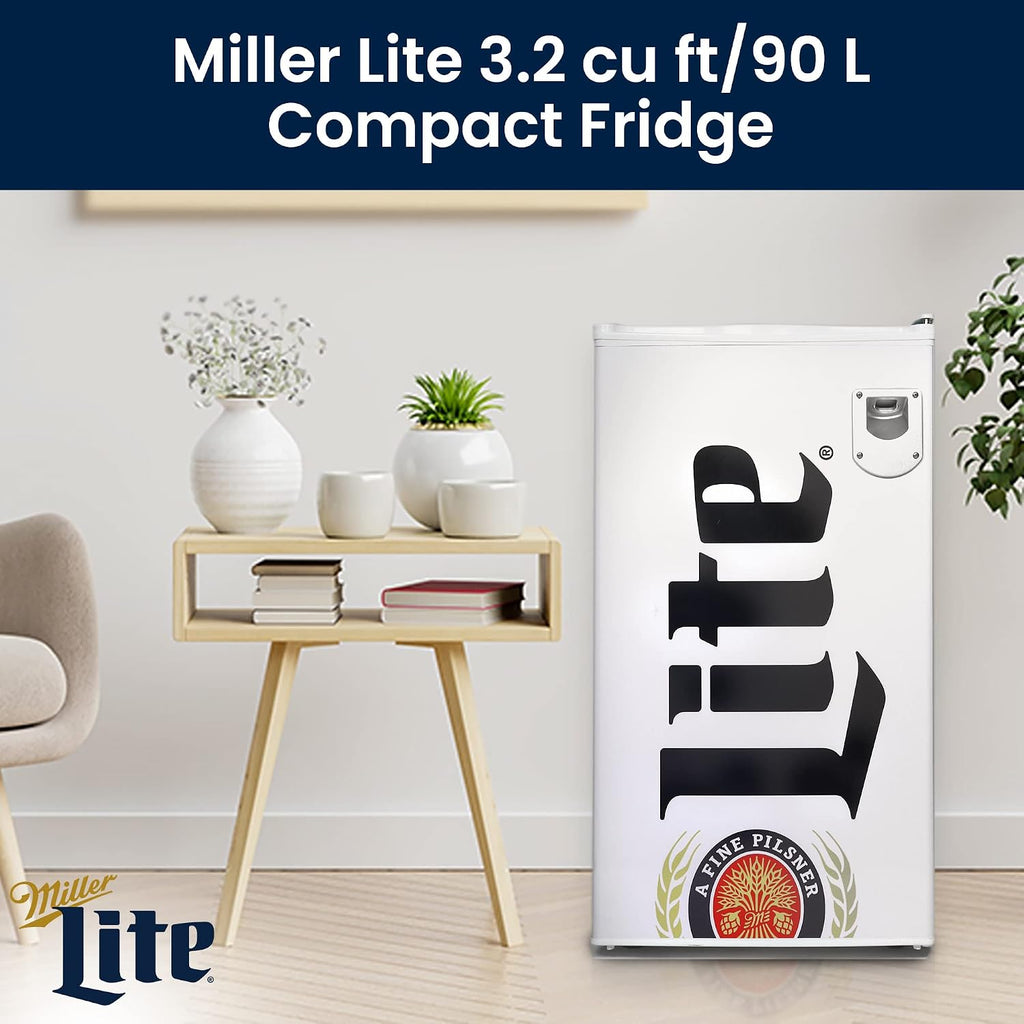 Miller Lite Koolatron Compact Fridge, Bottle Opener, 90 L/ 95 Quart 3.2 Cubic Foot for Snacks, Frozen Meals, Beverages, Juice, Beer, Den, Dorm, Office, Games Room, or RV