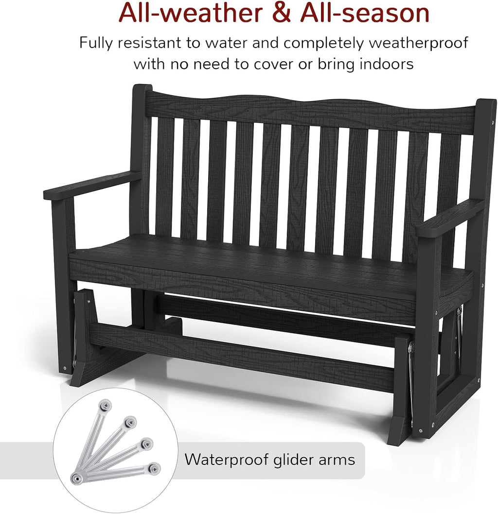 Stoog Outdoor Glider, All-Weather HIPS 2 Person Patio Glider Bench with 800 lbs Weight Capacity, Never Fade or Rot, for Garden, Backyard, Porch, and Deck, Black