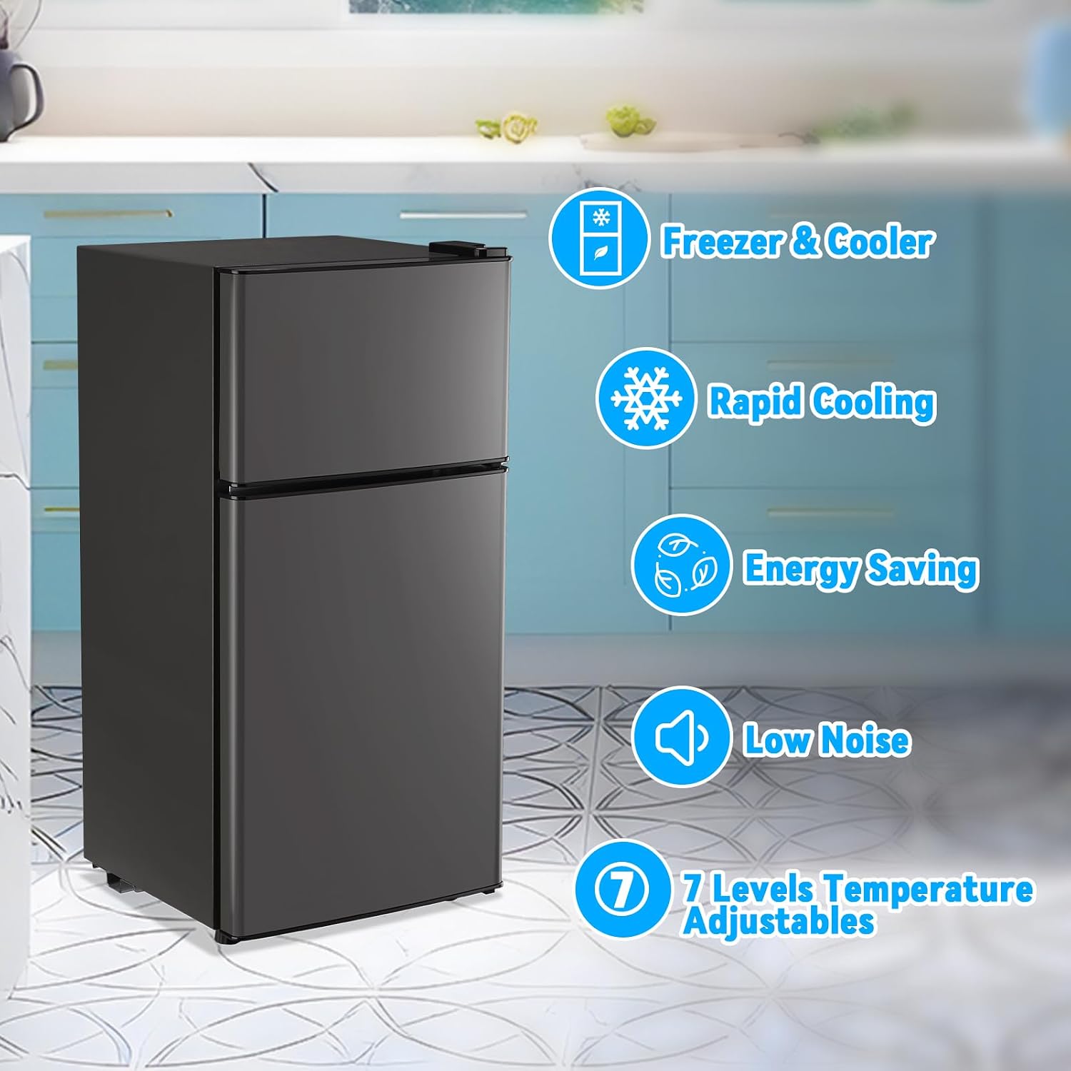 Fridge with Freezer Refrigerator Freezer Double Doors 7 Modes Temp Suit for Apartment Bedroom Office Dark Gray