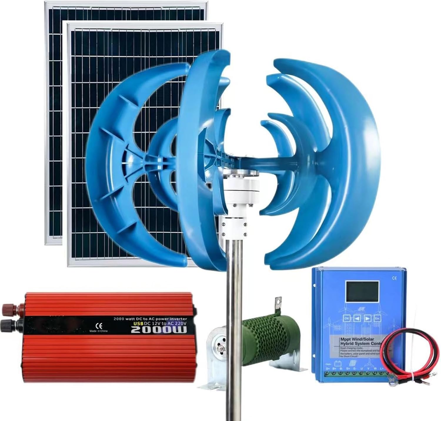 1000W Wind Solar Kit With Controller And Inverter: 2*100W Solar Panels + 800W 12V/24V Wind Turbine Generator + 2000W Inverter Suitable For Home RV Cabin Off-grid System ( Color : Blue , Size : 12V )