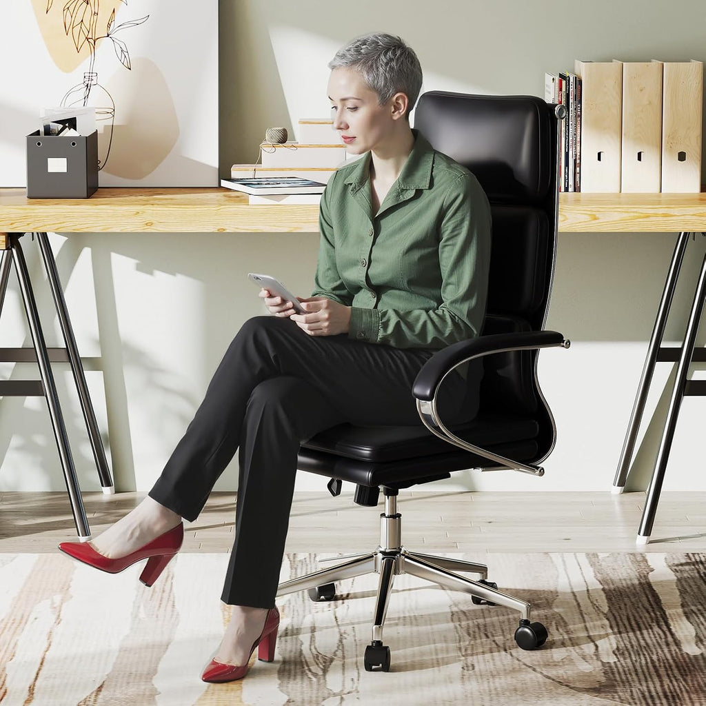 COSTWAY Ergonomic Leather Office Chair, High Back Executive Computer Chair w/Adjustable Height & Rocking Function, Adjustable Lumbar Support, Cushioned Seat, Padded Armrests for Home Office