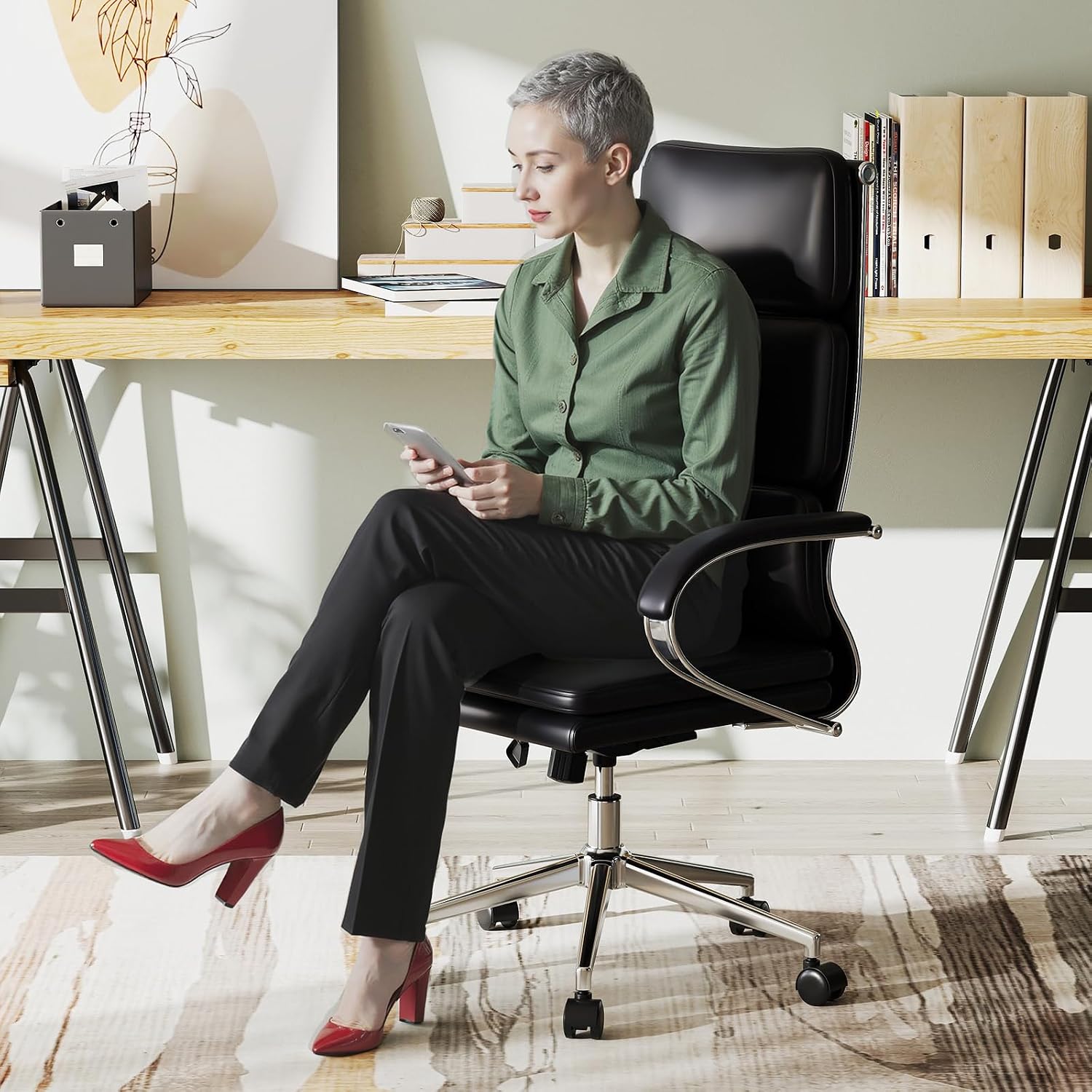 COSTWAY Ergonomic Leather Office Chair, High Back Executive Computer Chair w/Adjustable Height & Rocking Function, Adjustable Lumbar Support, Cushioned Seat, Padded Armrests for Home Office