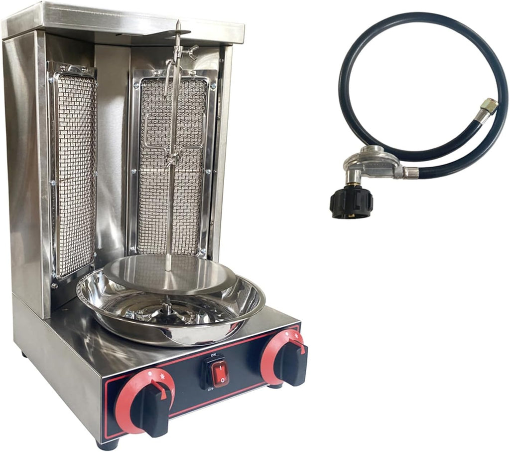 LP Gas Type 2 Burners Turkish Barbecue Machine Shawarma Maker Kebab Gyro Grill Stainless Steel Vertical Rotating Oven with Meat Catch Pan and Adjustable Tempereture