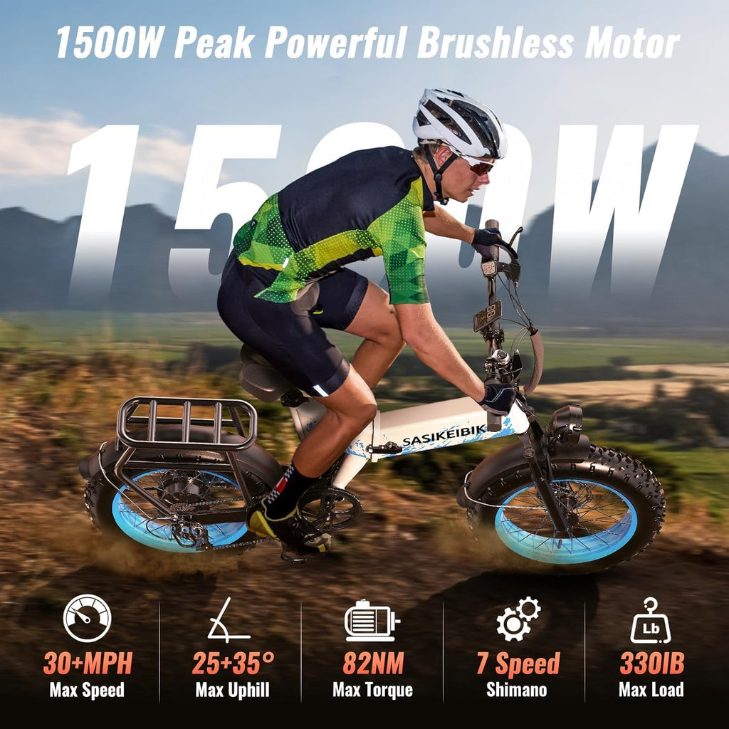 Folding 52V 20Ah Removabke Battery Electric Bike 1500W Peak Motor 20'' Fat Tire Mountain Commuter Ebike Motorcycle Range 70 Miles UL Certified Adult Electric Dirt Bike with 7-Speed