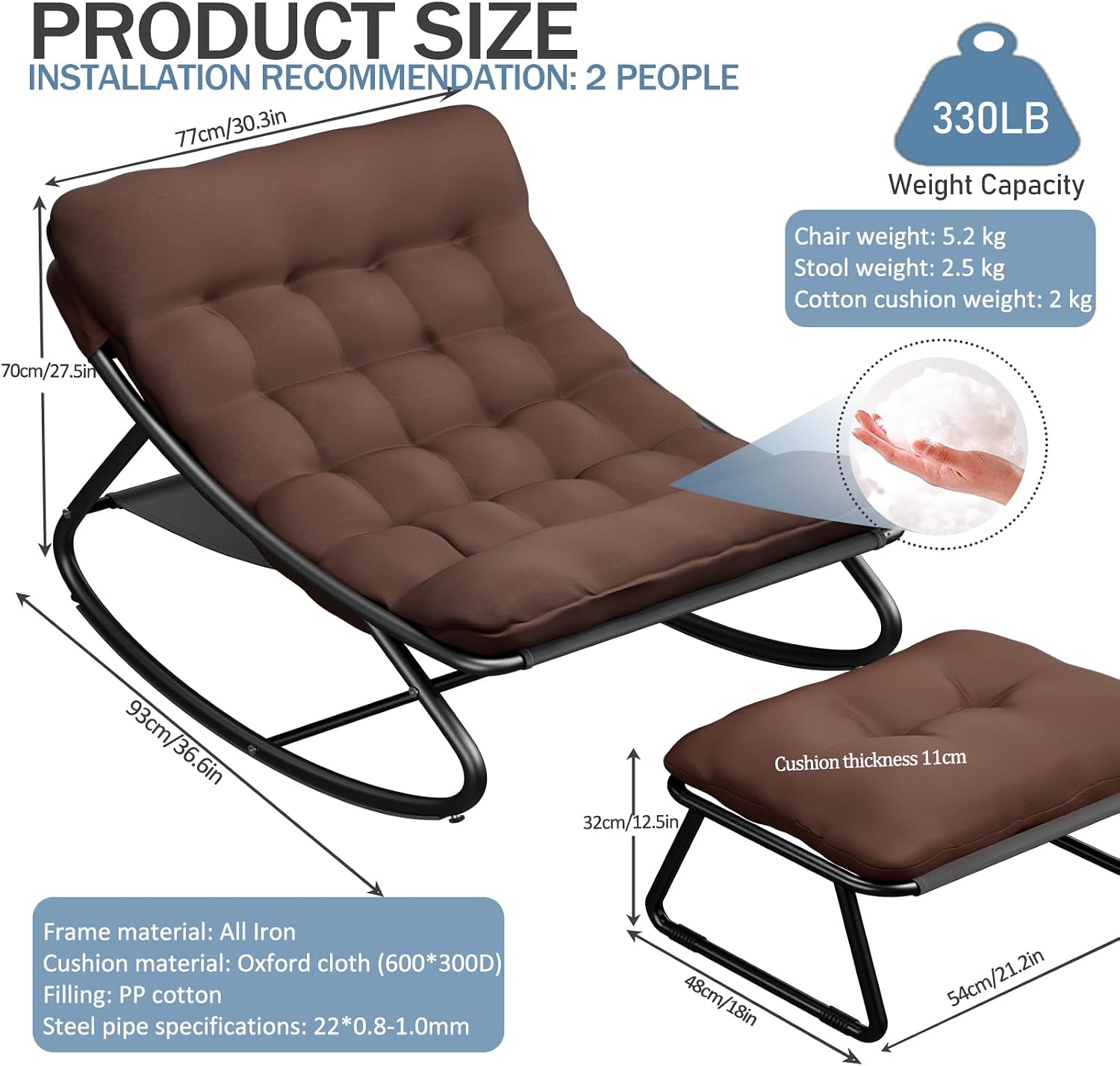 Oversized Papasan Rocker, Comfy Patio Rocking Chair, Outdoor Rocker Chair, Indoor Rocking Egg Chair with Cushion & Ottoman for Bedroom, Living Room, Front Porch (Brown)