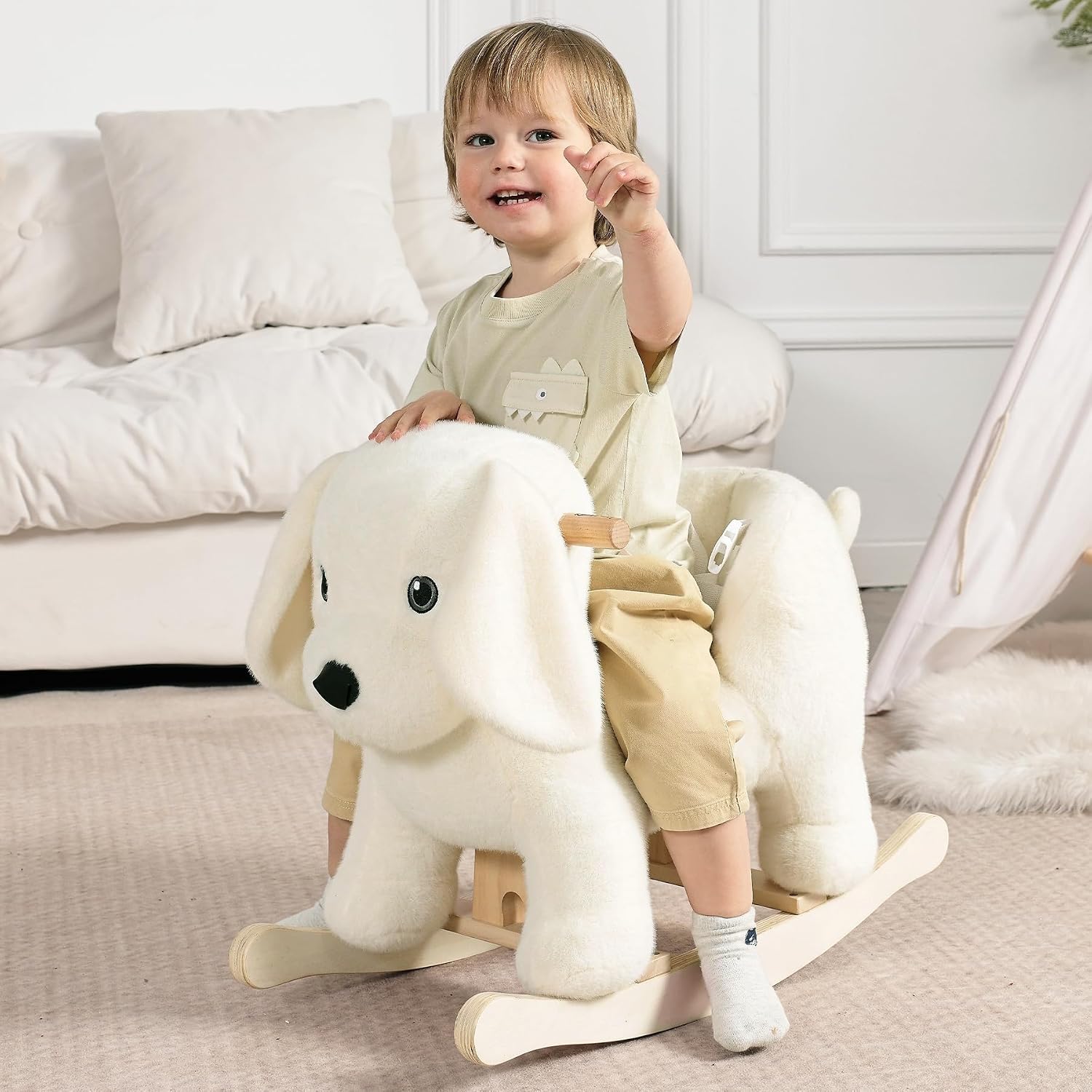 Baby Rocking Horse,Labrador Wooden Rocking Horse for Toddlers 1 Year Old Cute Dog Stuffed Plush Ride-on Toy Rocking Animal for Baby Boys and Girls Nursery/Child Christmas or Birthday Gift