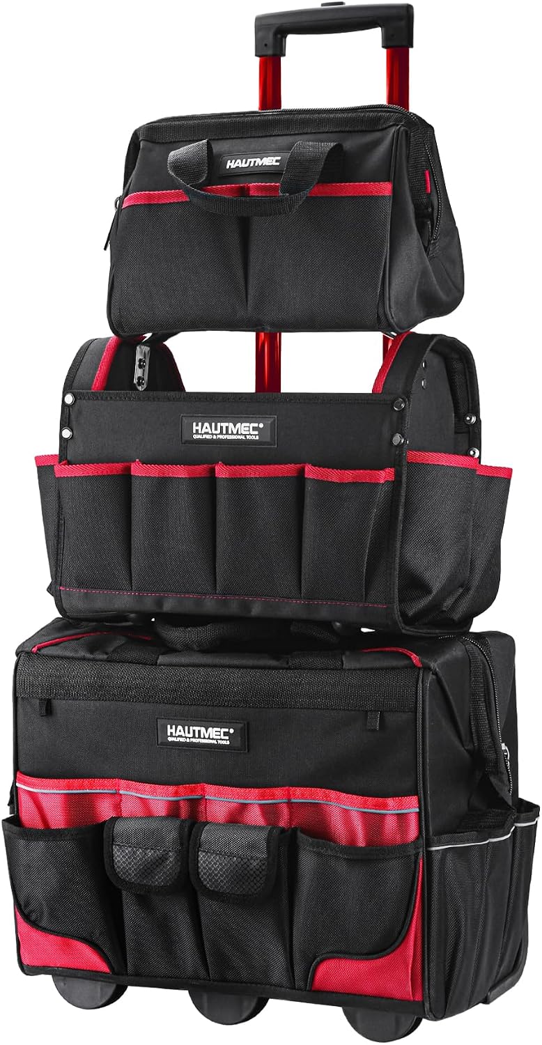 HAUTMEC 3-Piece Rolling Tool Bag Set, 18' Wheeled Tool Bag, 15' Open Top Tool Tote & 12' Wide Mouth Small Bag, Heavy-Duty 1680D Water-Resistant Tool Storage with Off-Road Wheel & Telescoping Handle