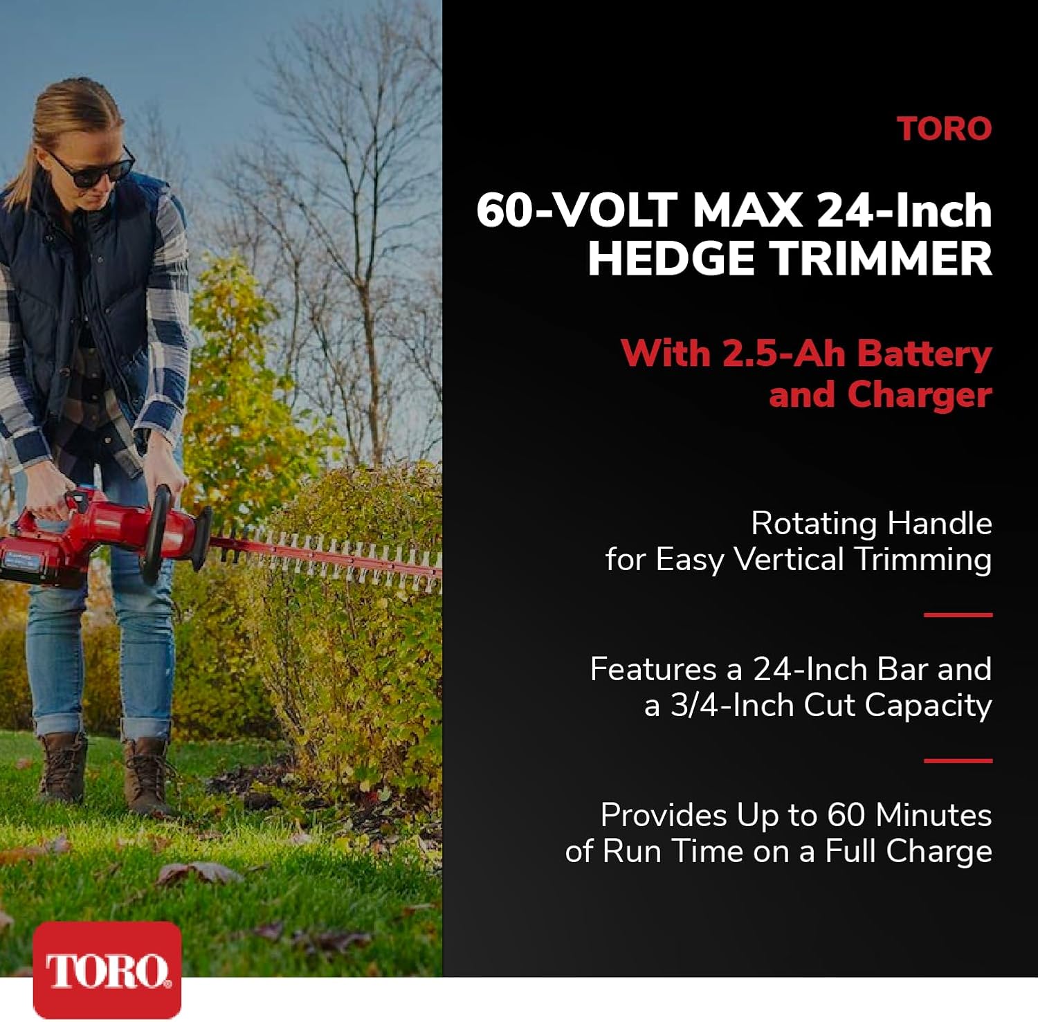 Toro Flex Force 60-Volt Max 24-Inch Cordless Hedge Trimmer with 2.5-Ah Battery and Charger