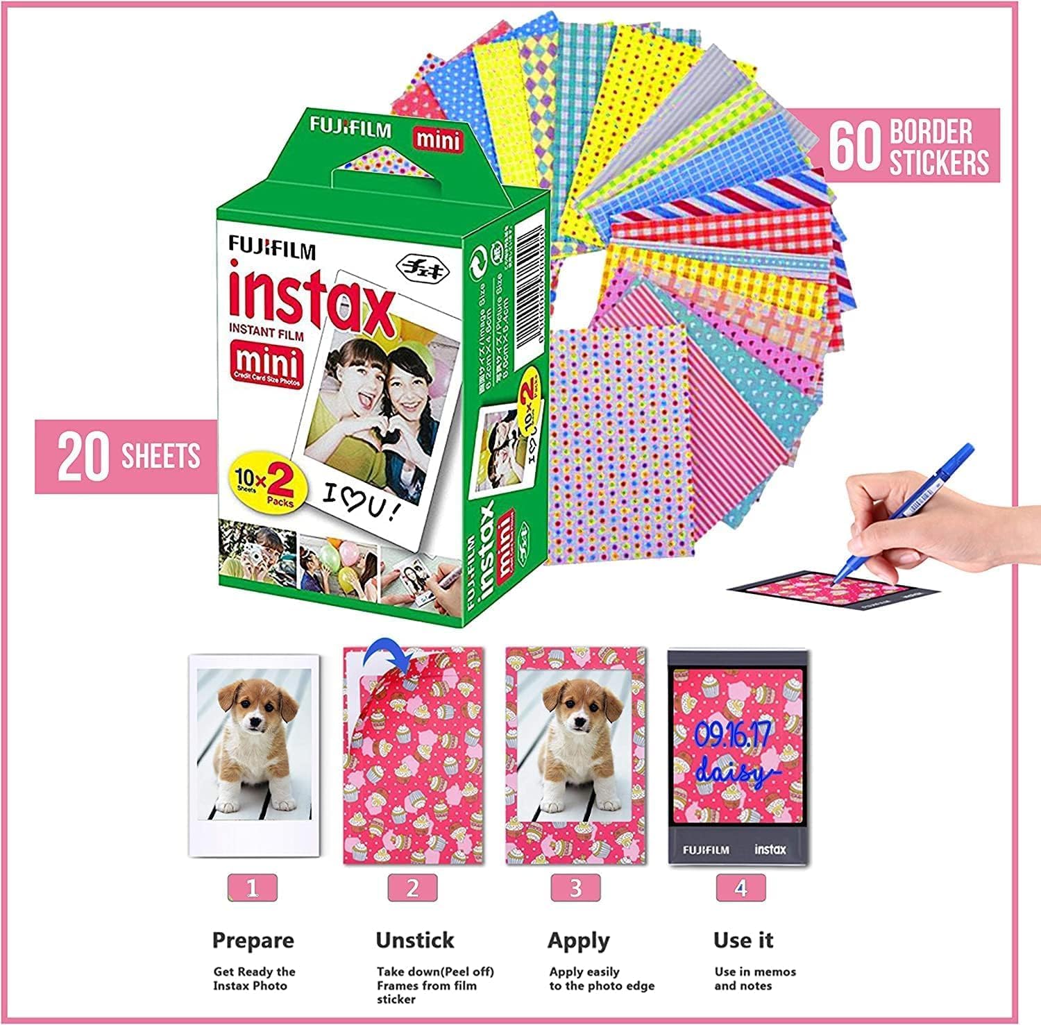 Fujifilm Instax Mini Link 3 Smartphone Printer Clay White + Fuji Film Value Pack (20 Sheets)+ Shutter Accessories Bundle, Incl. Protective Case, 20 Sticker Frames, USB Type C Cable