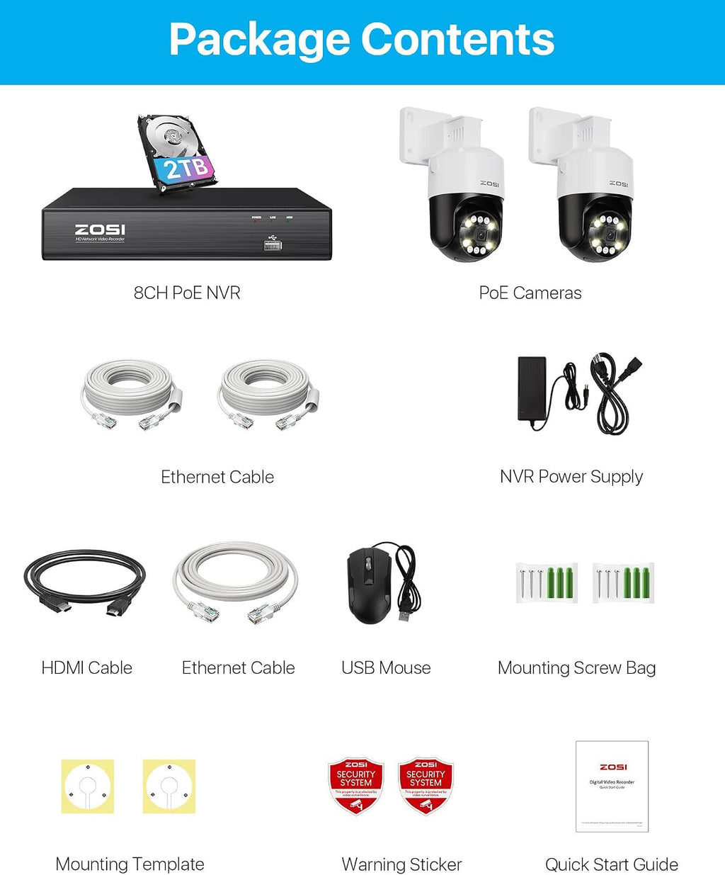 ZOSI 8CH (16CH Expandable) 4K PoE Security Camera System with AI Face Person Vehicle Detection, 2 x 5MP 3K Outdoor Auto Tracking PT PoE IP Camera with 5X Digital Zoom, 2-Way Audio, 2TB Hard Drive