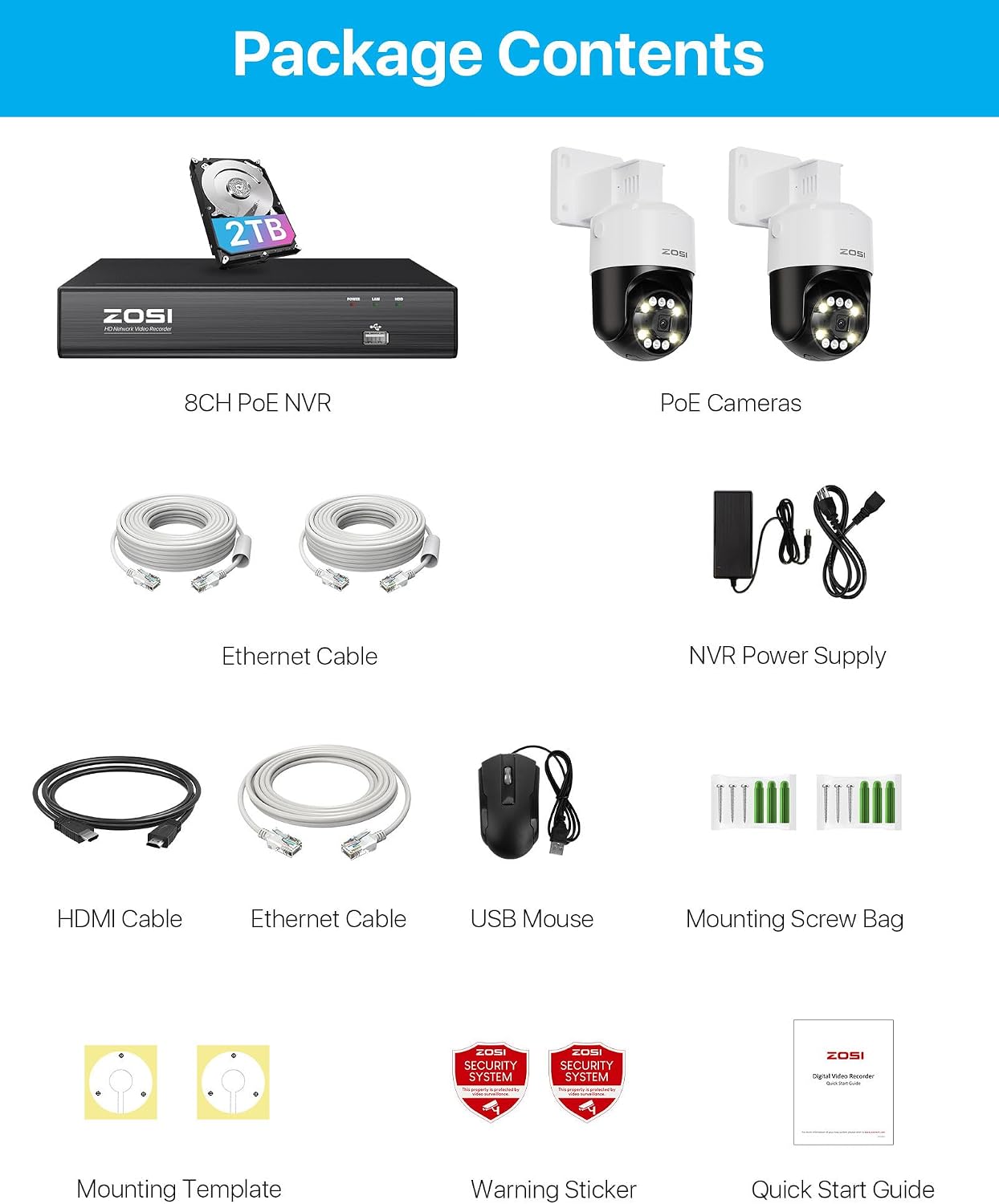 ZOSI 8CH (16CH Expandable) 4K PoE Security Camera System with AI Face Person Vehicle Detection, 2 x 5MP 3K Outdoor Auto Tracking PT PoE IP Camera with 5X Digital Zoom, 2-Way Audio, 2TB Hard Drive