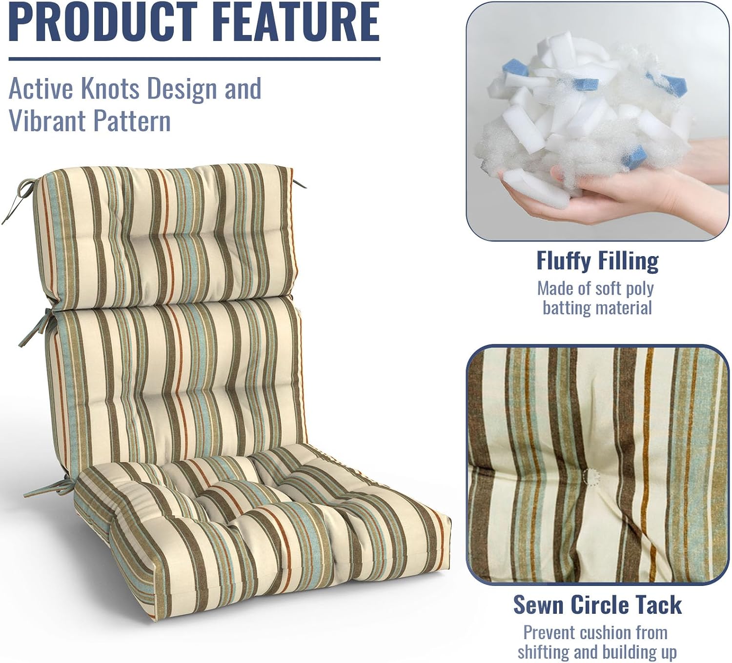 Outdoor High Back Patio Chair Cushions, Tufted Rocking Chair Cushions, Adirondack Cushions for Garden Porch Home Chairs Use, 44' x 22' x 4', 2 Pack,Stripe Onyx