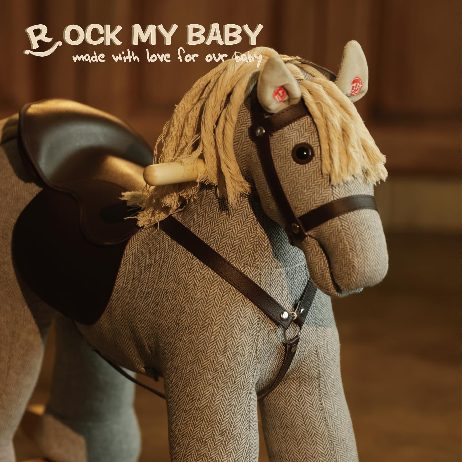 Rock My Baby Rocking Horse, Gray Wooden Rocking Toy, Rocking Animals for Children 2-6 Years Old, Ride on Pony with Realistic Sound, CPC Certified