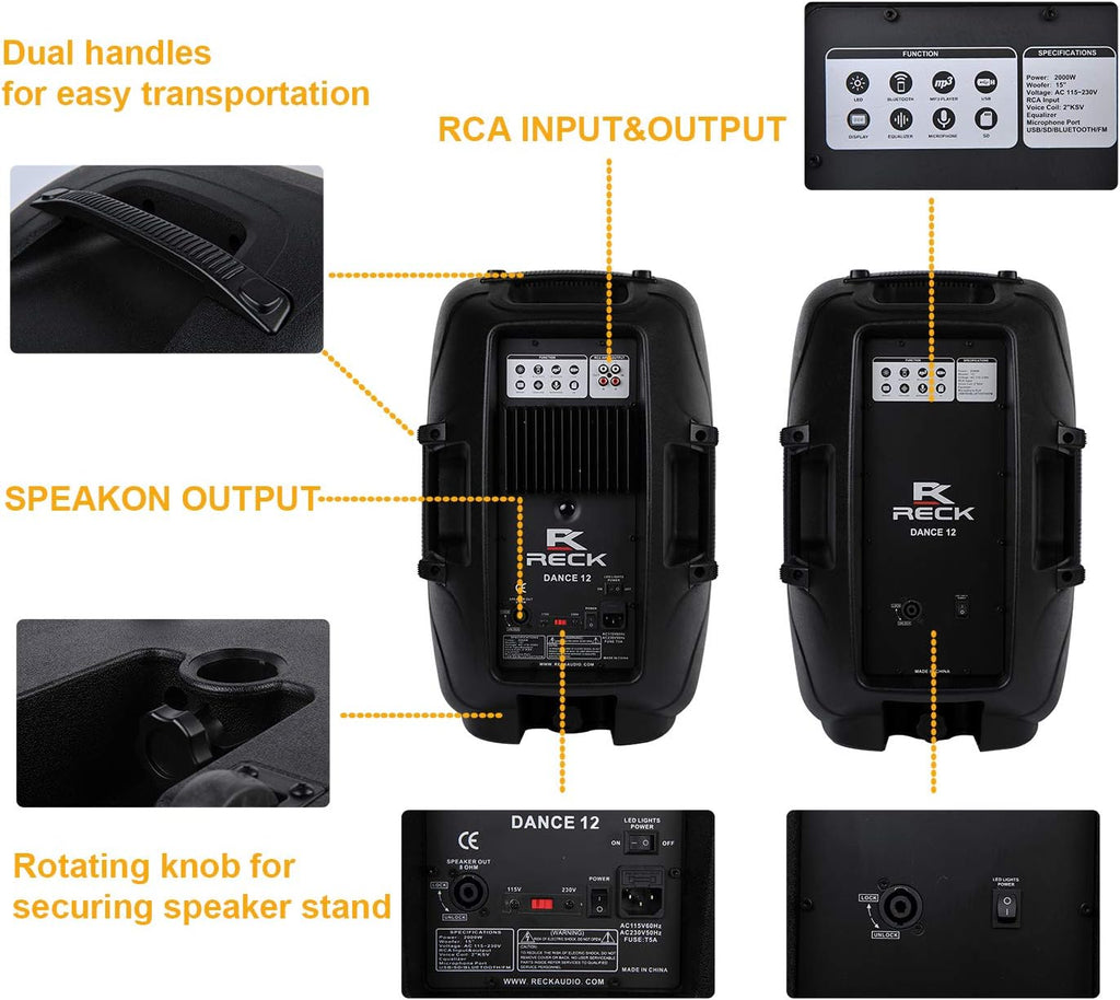 RECK DC 12 Portable 12-Inch 1000 Watts 2-Way Powered Dj/PA Speaker System Combo Set with Bluetooth/USB/SD Card Reader/FM Radio/Remote Control/Speaker Stands/Wired mic