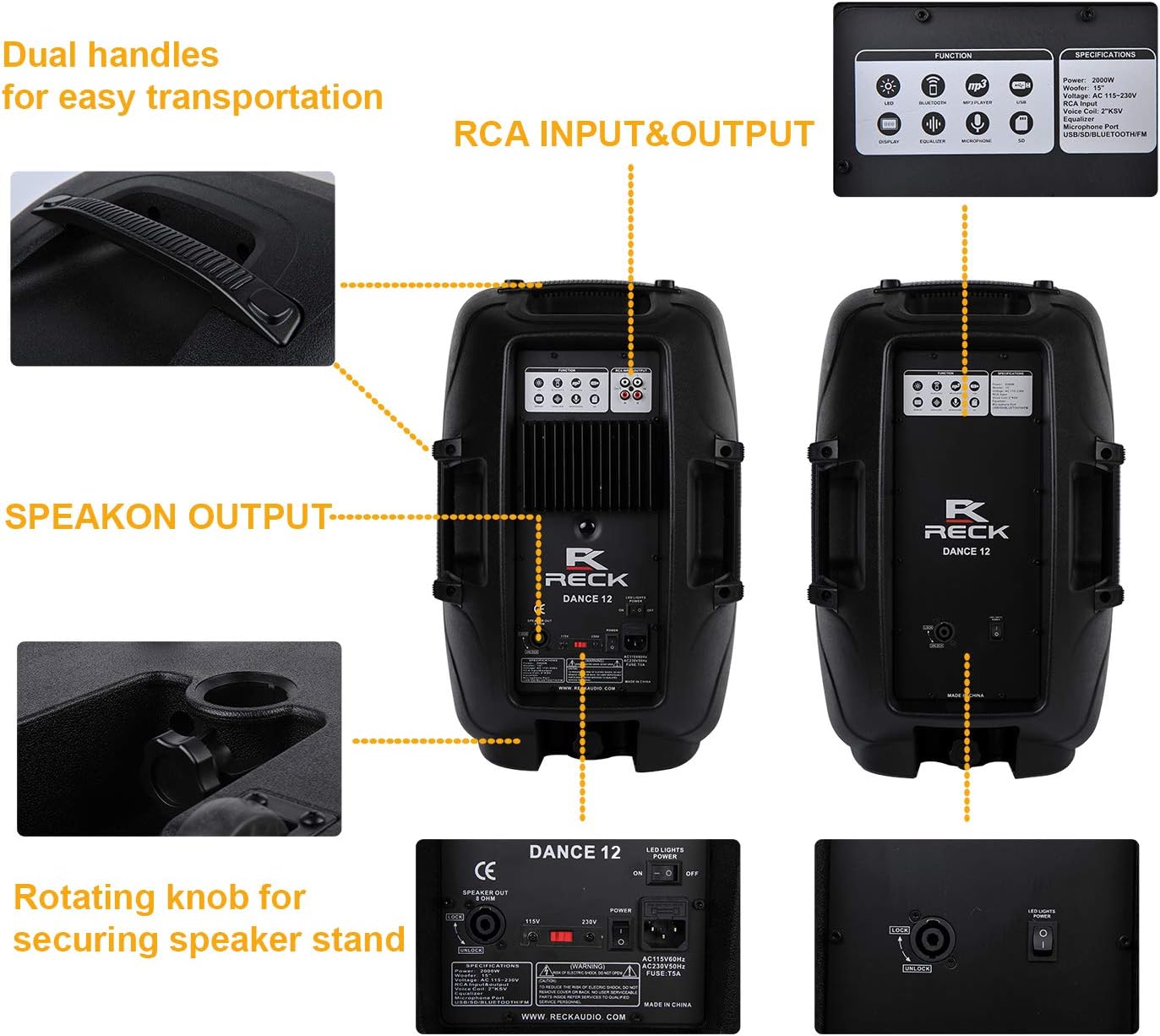 RECK DC 12 Portable 12-Inch 1000 Watts 2-Way Powered Dj/PA Speaker System Combo Set with Bluetooth/USB/SD Card Reader/FM Radio/Remote Control/Speaker Stands/Wired mic
