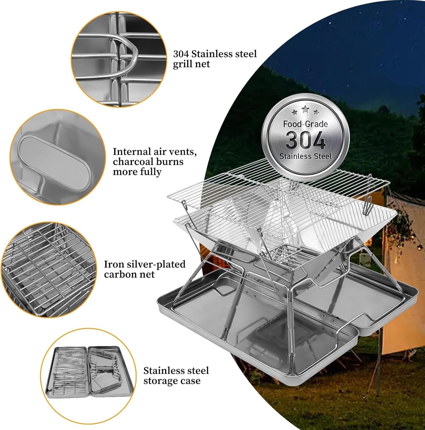 Portable Charcoal Grill Stainless Steel Barbeque Grill Portable Camping Grill for Backpacking Hiking Travel Picnic BBQ Grill for Outdoor