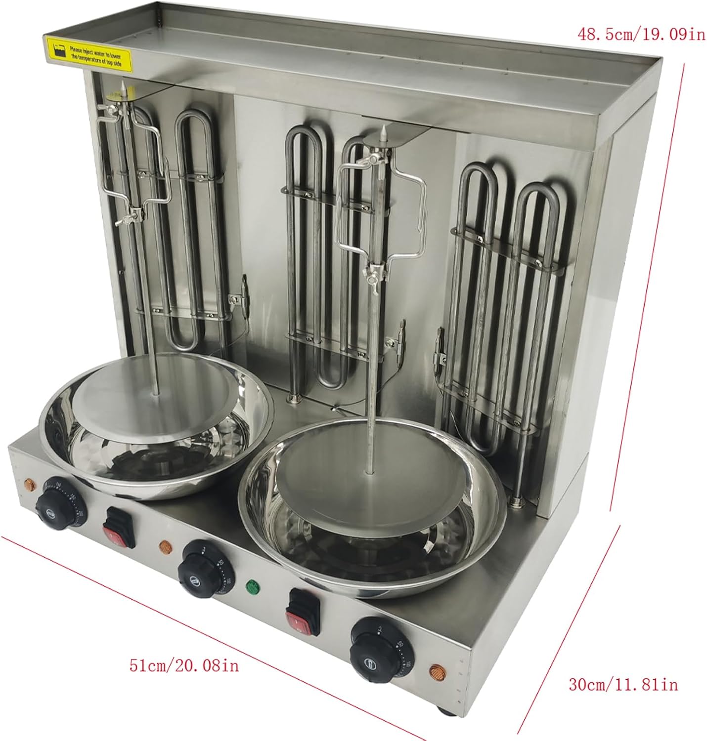Electric Barbecue Shawarma Gyro Grill 3 Burners Commercial Stainless Steel Vertical Broiler Kebab Machine Adjustable Temperature with Meat Catch Pan and Rotating Doner for Restaurant Kitchen