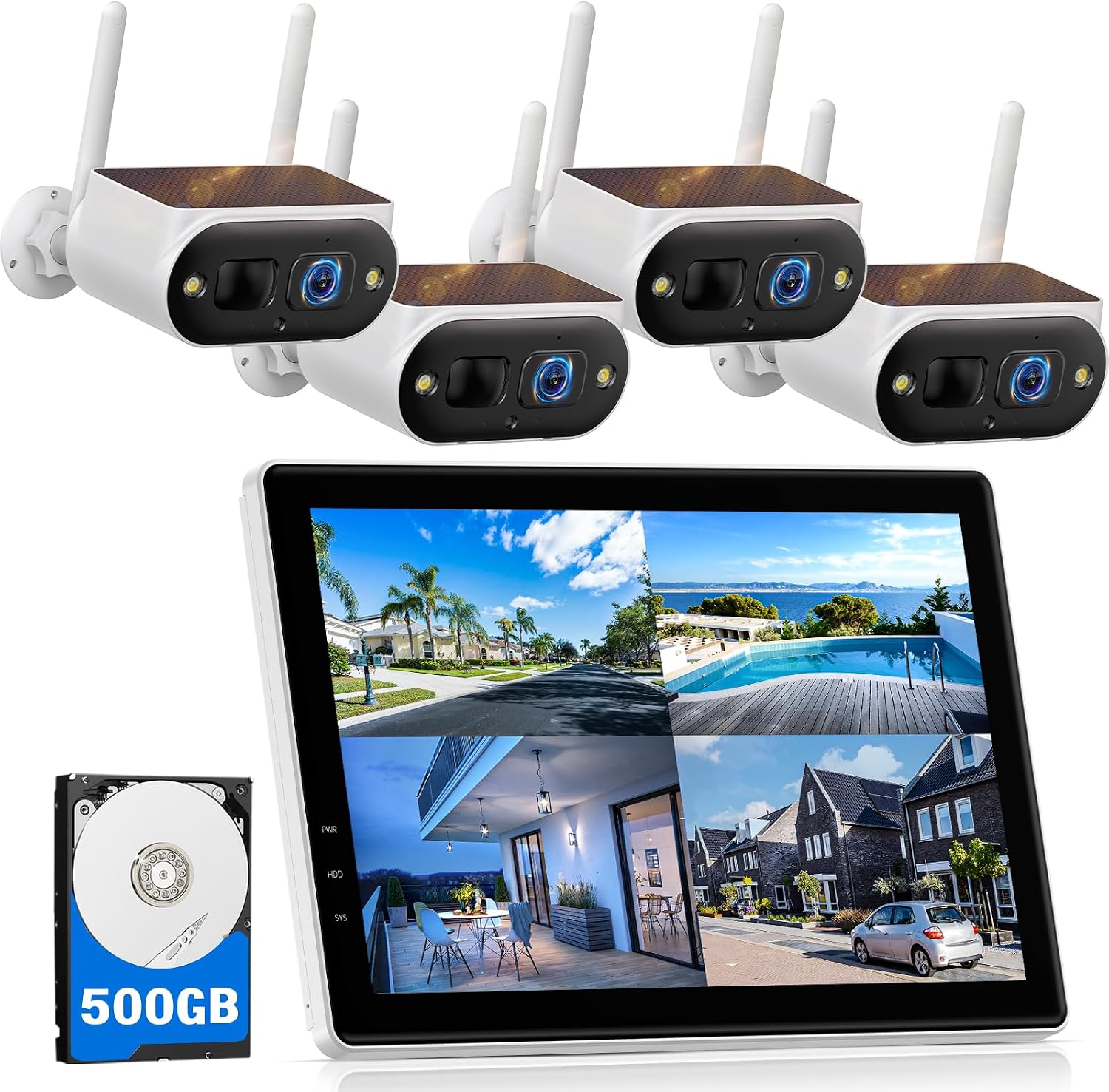 Camcamp Solar Security Cameras Wireless Outdoor, Quick Installation, No Subscription Cameras for Home Security Camera System, 10CH Expandable, 2.4 & 5GHz, 4 Cameras with Monitor