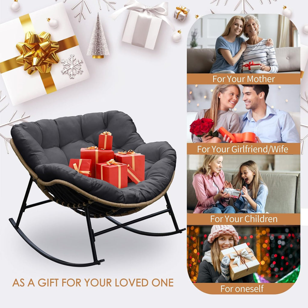NICESOUL Indoor Outdoor 2-Piece Oversized Papasan Rocking Chair Set, Extra-Large Cushioned Double Royal Rockers, Comfy Loveseat Patio Lounge Chair, All Weather Durable Wicker Egg Glider, Dark Gray