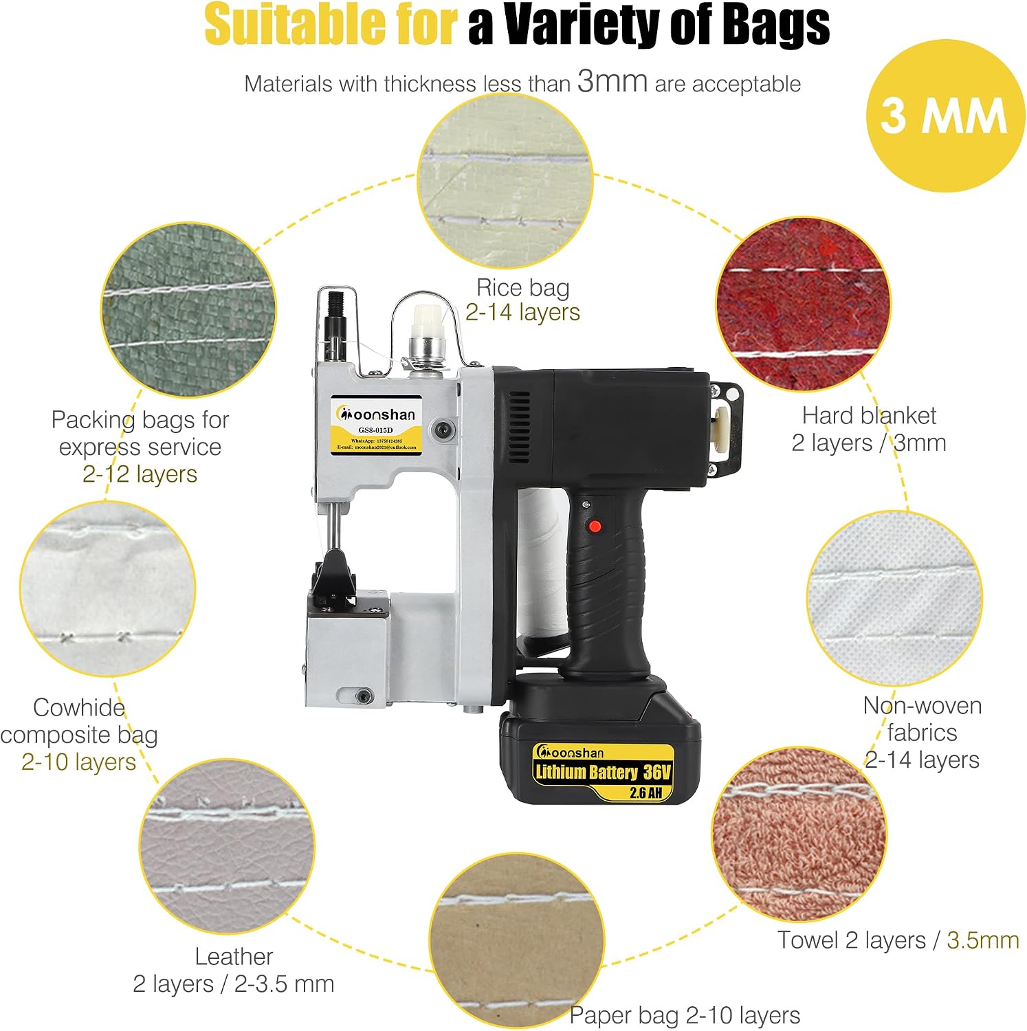 Cordless Bag Closing Machine 2s/bag Bag Sewing Machine Cordless Portable Bag Sewer 8.1Lbs Automatic Woven Bag white