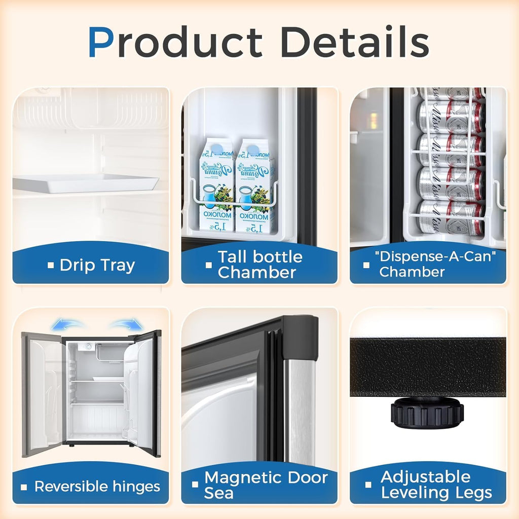 Antarctic Star Mini Compact Refrigerator with Freezer, 2.6 Cu.Ft. Single Door Adjustable Removable Shelves for Apartment/Dorm/Office,Silver