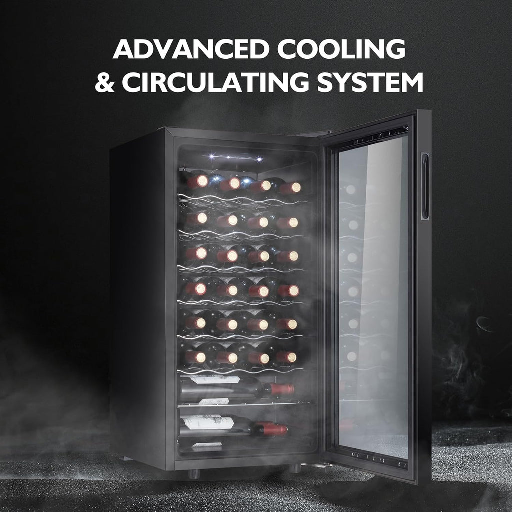 28 Bottle Compressor Wine Cooler Refrigerator, Small Freestanding Wine Fridge for Red, White and Champagne, Mini Fridge with 40-66F Digital Temperature Control Glass Door
