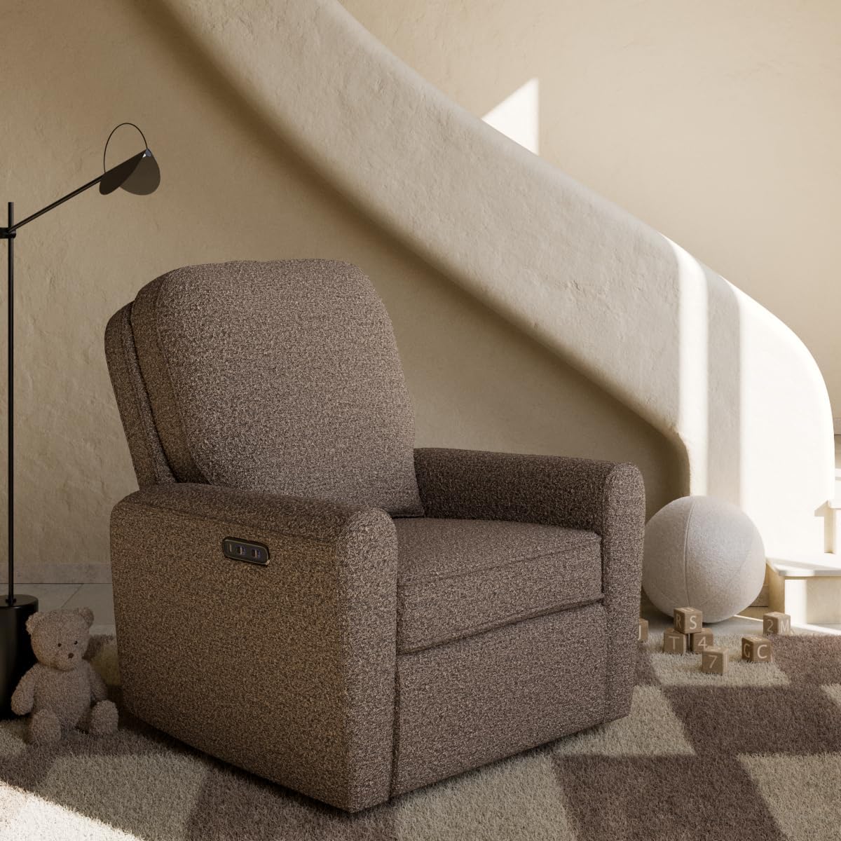Storkcraft Amalfi Deluxe Power Recliner Swivel Glider – Premium Electronic Nursery Rocking Chair, Oeko-TEX 100 Certified, Includes Dual-USB Charging Port with USB-A & USB-C (Mountain Brown Boucle)