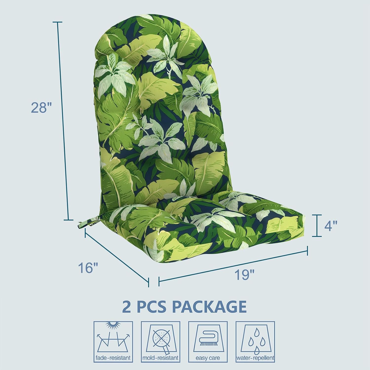 LVTXIII 2 Pack Outdoor Adirondack Chair Cushions, 44x19x4 Inch Water Repellent Patio Cushions for Rocking Chairs, Thick Tufted High Back Seat Cushion Set, Jungle Leaves